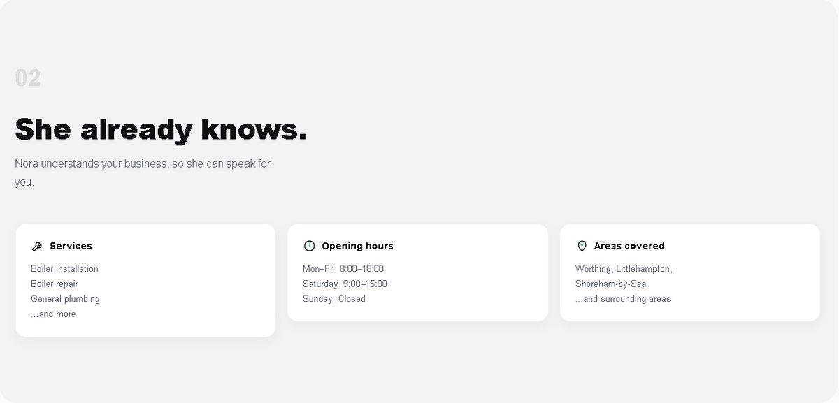 She already knows: Nora's view of services, opening hours and areas covered