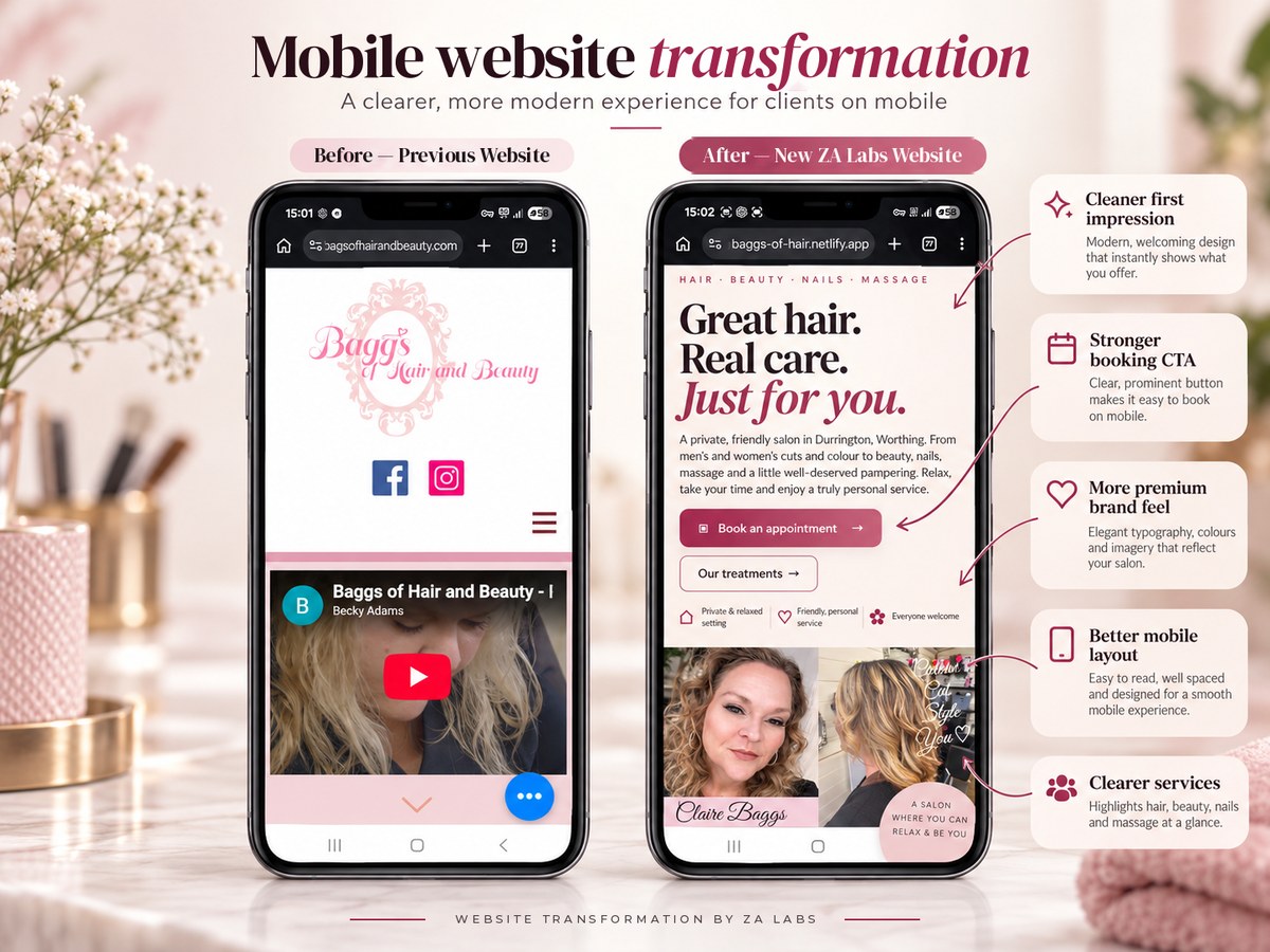Mobile website transformation: Baggs of Hair and Beauty — before, the previous website; after, the new ZA Labs website — with notes on a cleaner first impression, a stronger booking button, a more premium brand feel, a better mobile layout and clearer services
