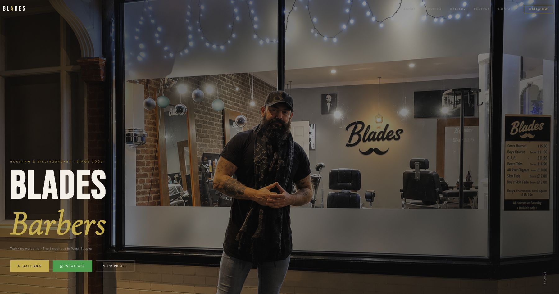 Blades Barbers website homepage on desktop