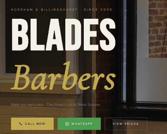 Close-up: Call now, WhatsApp and View prices buttons under the Blades Barbers name
