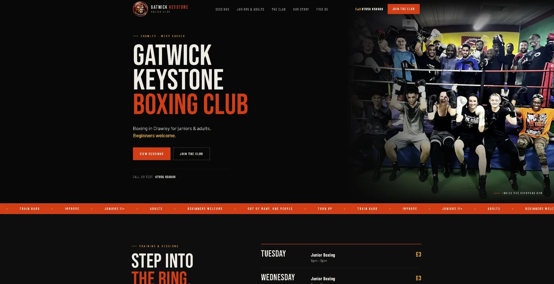 Gatwick Keystone Boxing Club website homepage on desktop