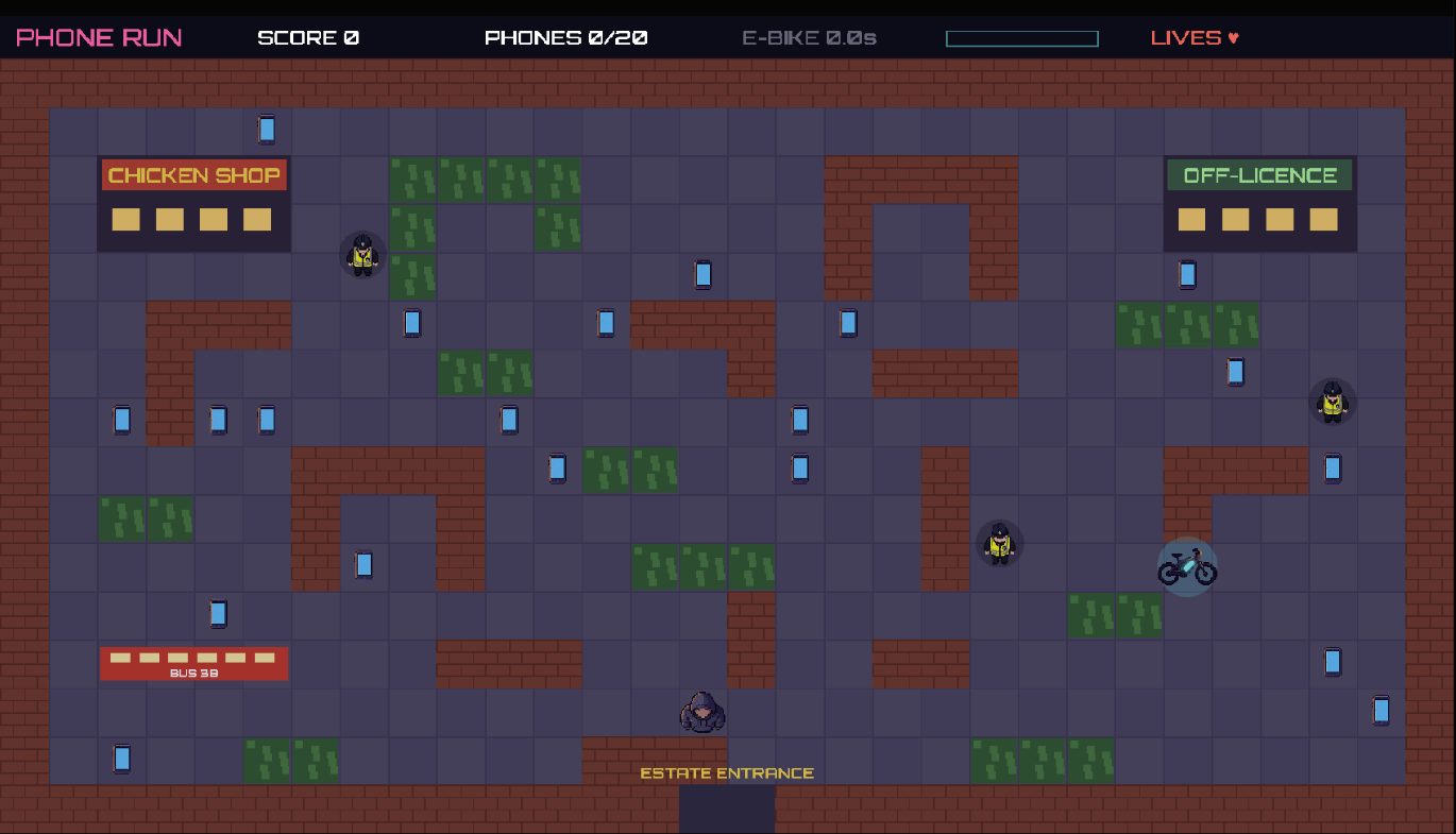 Phone Run: a top-down retro arcade level with score, phones collected and lives