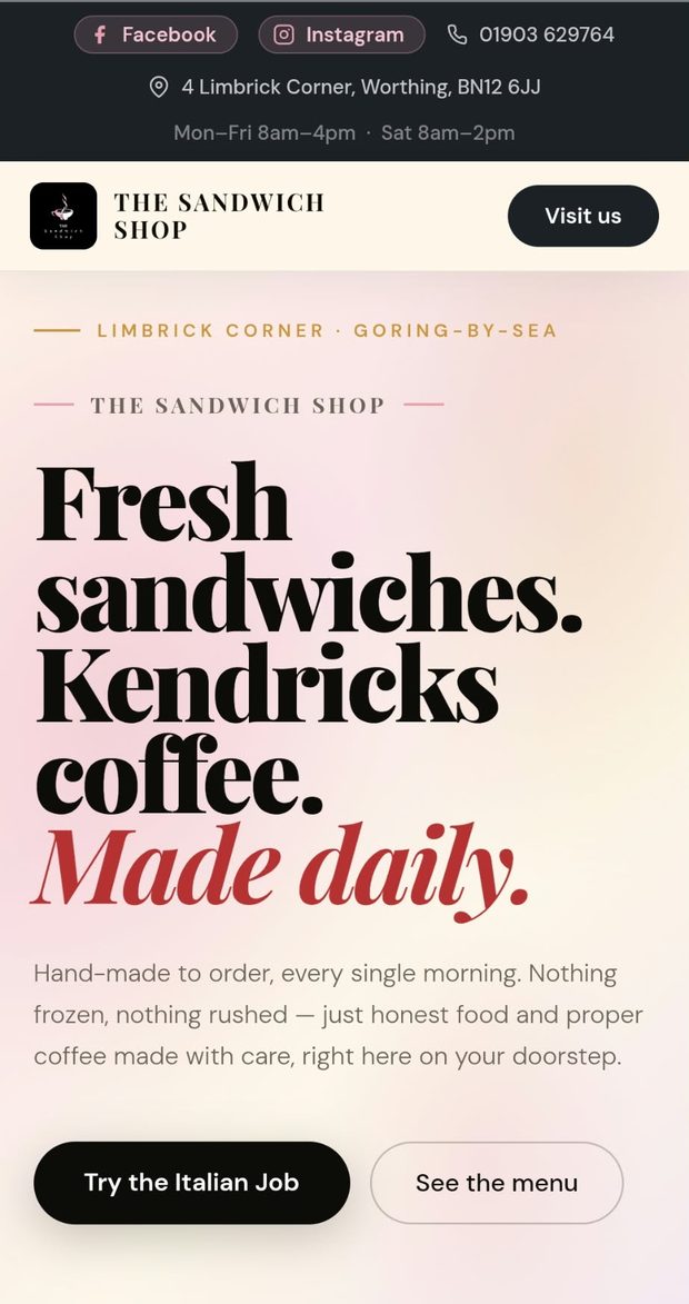 The Sandwich Shop website on a phone